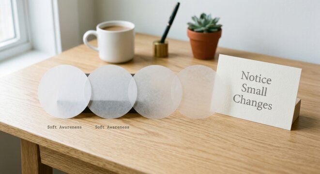 Minimal Workspace with Tracing Paper Circles, Coffee, and Plant