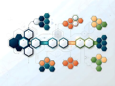 Business workflow infographic with connected hexagonal stages, arrows, and modular elements, ideal for strategy, process management, technology, innovation, planning, and corporate presentations.