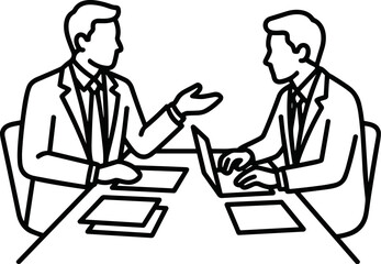 Fototapeta premium Business meeting two men in suits discussing work at a table with laptop and papers