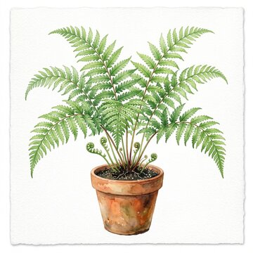 Colorwater painting of polypodiophyta paku pakuan plant in pot. Flower decoration. 
