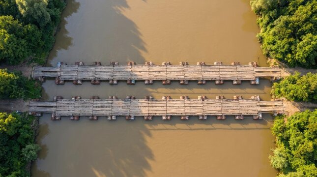 Aerial view of parallel wooden pontoon bridges over river
