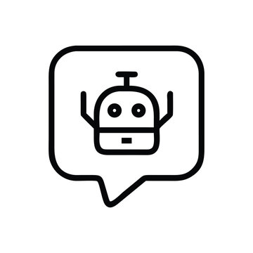 Chatbot icon in speech bubble, AI customer support assistant line art vector illustration.