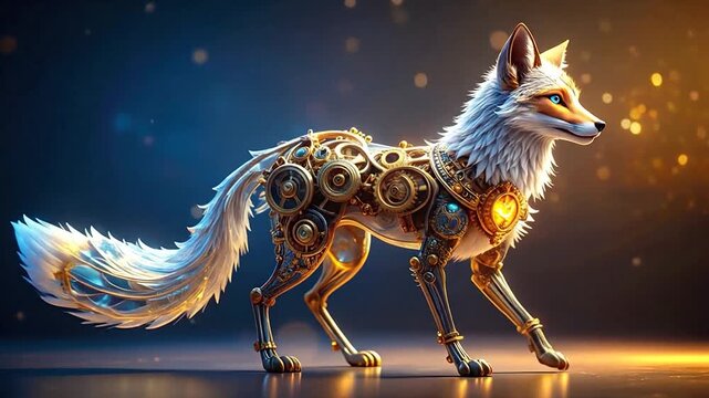 Mechanical robotic fox with glowing gears and lights.