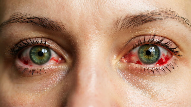 Close up of a woman with red irritated eyes and broken blood vessels