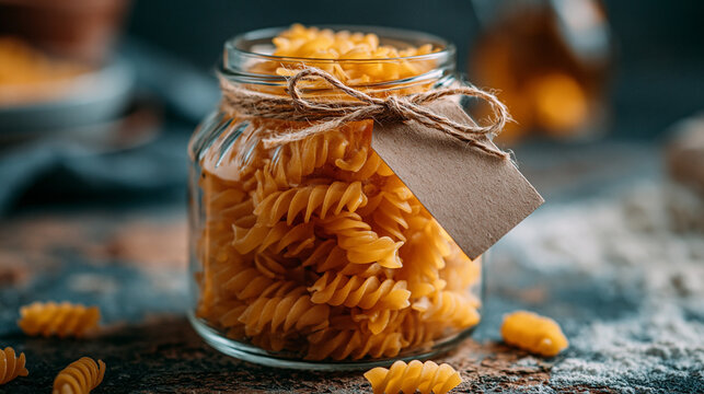 Uncooked fusilli pasta in glass jar with twine bow and blank tag sits on rustic table for kitchen pantry organization.