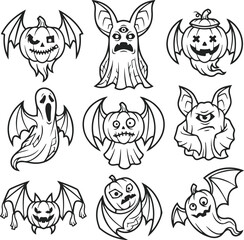 Obraz premium Cute Halloween hanging ghost pumpkin icon set line art