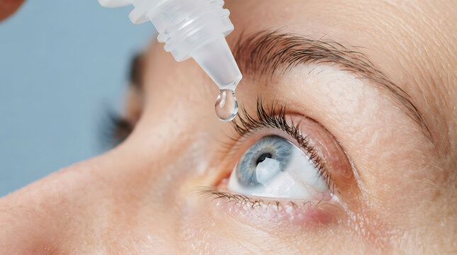 Close up of a woman applying moisturizing eye drops into her blue eye