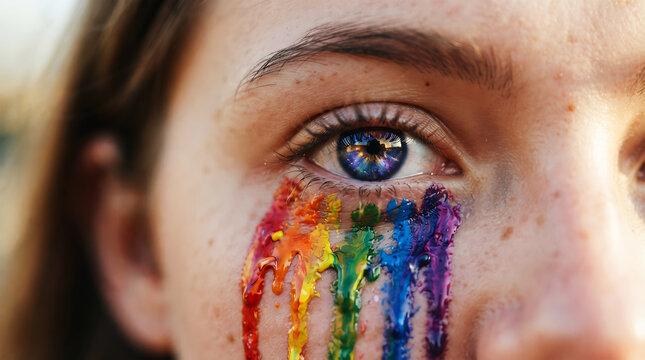Close up of a woman with colorful rainbow paint dripping down her face