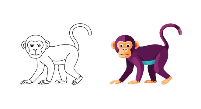 Playful monkey character showing flat vector illustration design alongside simple black and white line art outline