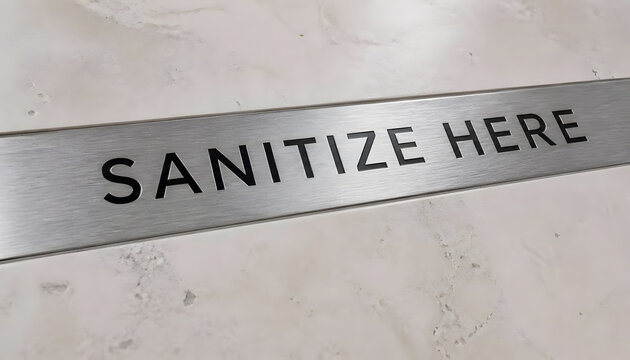 Brushed metal Sanitize Here sign mounted on marble wall