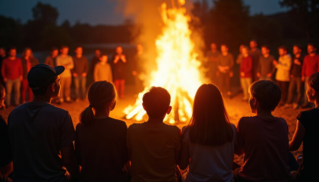 campfire gathering with children sitting around roaring bonfire at dusk, silhouettes of kids and adults in circle, glowing flames, toasted marshmallows and wood smoke,