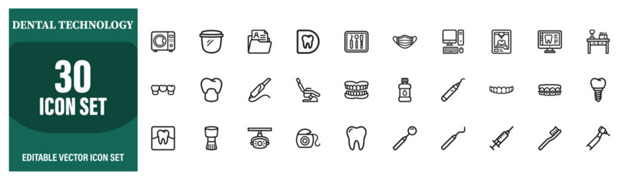 Dental technology and modern dentistry solid icon set. Featuring dental equipment, teeth, implants, orthodontics, diagnostics, treatment, oral care, and digital dentistry