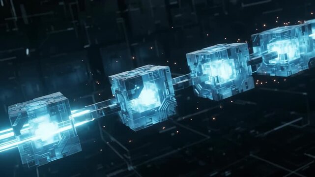 Abstract blockchain technology background with glowing blue cubes representing a secure digital ledger system.