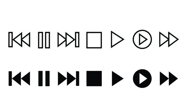 Minimalist media control user interface icon set. Black and white outline and solid symbols for audio video playback navigation. Play, pause, next