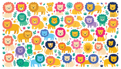 Obraz premium Cute colorful lions and cubs cartoon vector set with jungle elements doodle set