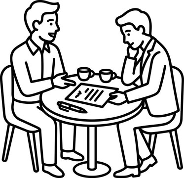 Business Meeting Illustration Two Men Discussing Documents at a Cafe Table