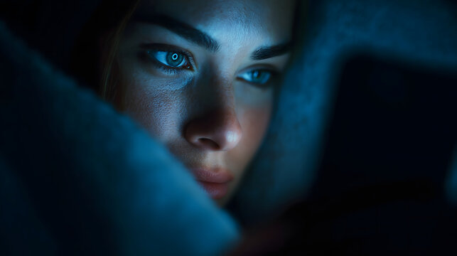 person awake at night looking at screen, portrait of a young girl