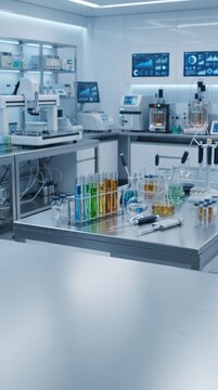 Futuristic medical laboratory with high-tech equipment, modern scientific research facility, sterile clinical lab with test tubes