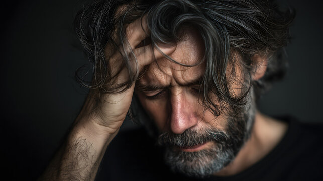 man stressed holding head