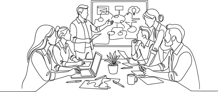 Business Meeting Team Collaboration Planning and Presentation with Flowchart