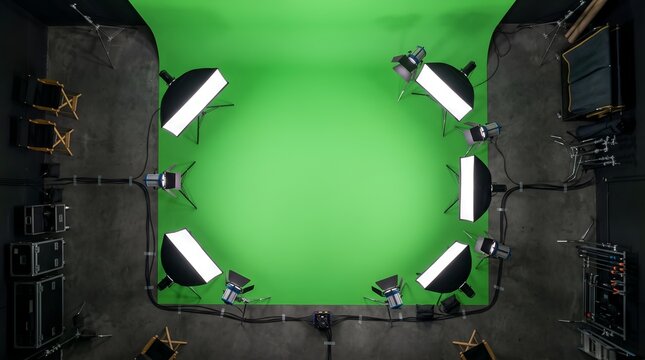 Professional Green Screen Studio Setup with Lighting Equipment Overhead View.