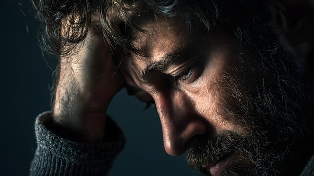 man stressed holding head, man with headache