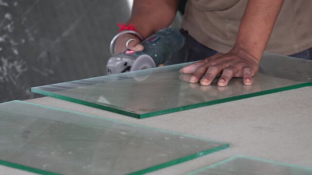 Worker cutting clear glass with angle grinder