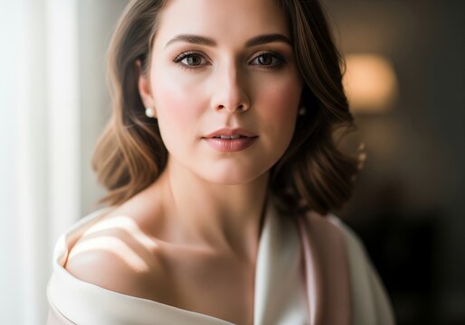 Sophisticated portrait of a charming woman in off-shoulder white silk dress and pearl earrings, soft natural window light background for bridal or beauty campaign