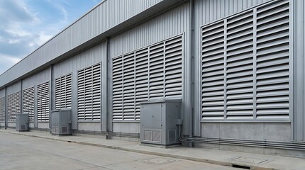 Fototapeta premium Modern industrial building exterior with multiple ventilation louvers and HVAC units on its metal wall, vital for internal climate control and operational efficiency