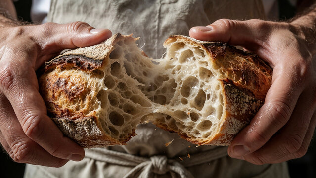 Hands tearing fresh crusty baguette bread