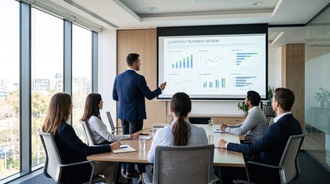 Professional business team attending quarterly review meeting in modern conference room, manager presenting financial growth charts and graphs on screen, colleagues listening