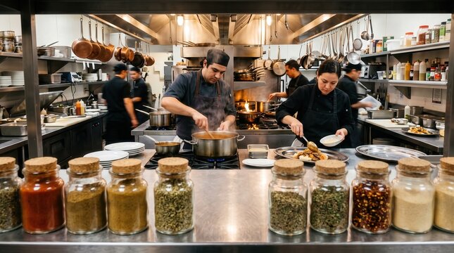 Professional chefs preparing meal banquet dishes busy restaurant kitchen