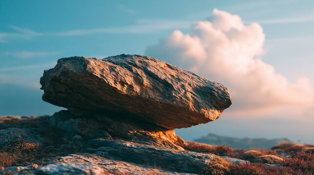 Weathered natural stone boulder resting on rugged mountain peak under dramatic sunset sky with soft golden glowing clouds.