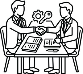 Fototapeta premium Businessmen shaking hands over deal with key and gears on table agreement concept