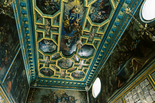 Ornate painted ceiling inside Our Lady of the Rocks church