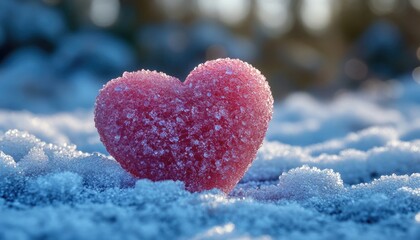 Fototapeta premium Frosted red heart shaped candy sitting on sparkling blue snow surface. Great for Valentine's Day, love, or winter holiday themed designs.