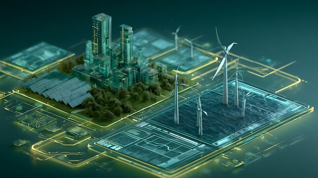 future renewable energy fund concept, futuristic solar city and offshore wind farm connected to a glowing digital investment dashboard,