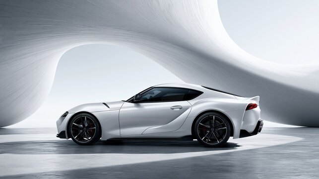 Sleek modern white sports coupe car parked inside textured white curved minimalist architectural space clean premium minimalist modern automotive design