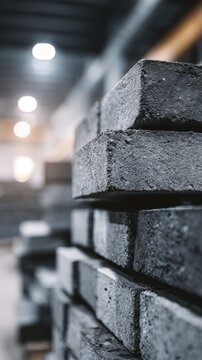 Stack of dark grey interlocking concrete pavers in a warehouse under soft industrial lighting. Ideal for construction material and architectural.