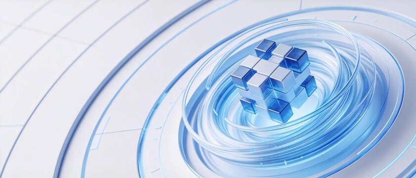3dblue transparent glass cube puzzle surrounded by glowing blue circular swirling lines on clean white background digital big data technology concept