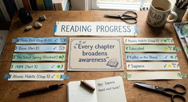 Reading Progress Tracker With Motivational Quotes And Books On A Wooden Desk