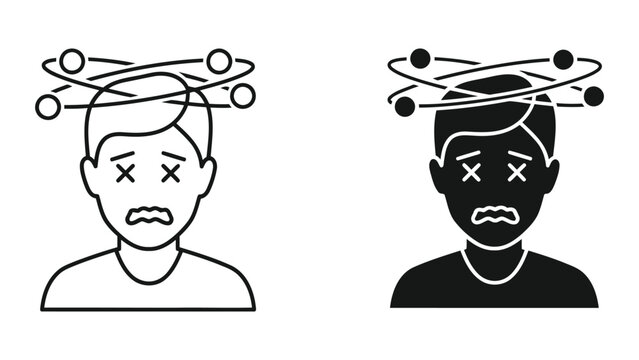 Dizzy man with spinning stars around head for confusion or concussion vector icon