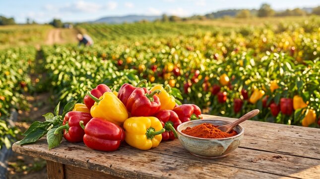 Freshly Harvested Red and Yellow Bell Peppers Beside a Ceramic Bowl of Ground Paprika Spice on a Rustic Wooden Table in a Farm Field