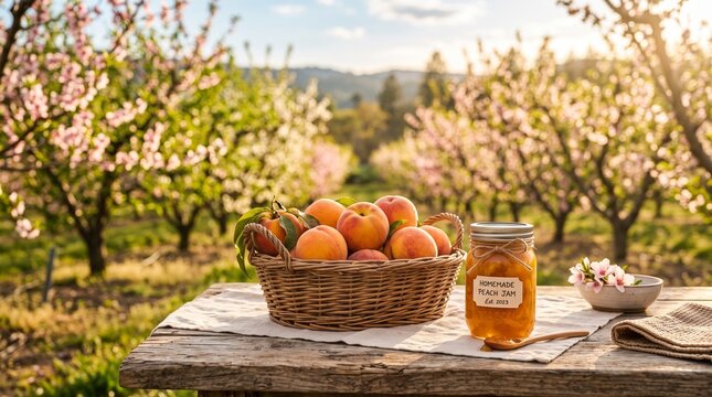 Fresh Harvest Peaches in a Rustic Wicker Basket and Homemade Peach Jam Jar Placed on a Wooden Table Amidst a Blooming Fruit Orchard