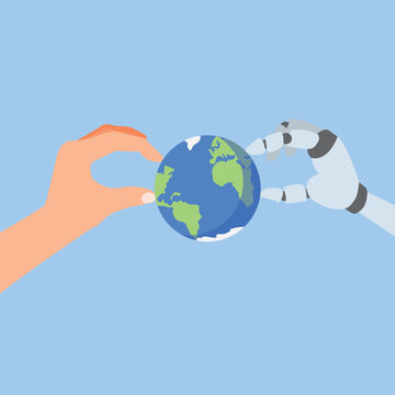 Human and Robot Hands Holding Earth Together for Future Collaboration.

