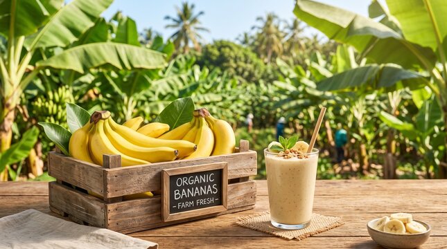 Fresh Ripe Organic Bananas Harvested in a Rustic Wooden Crate Set on a Sunny Plantation Table with a Creamy Healthy Smoothie Drink