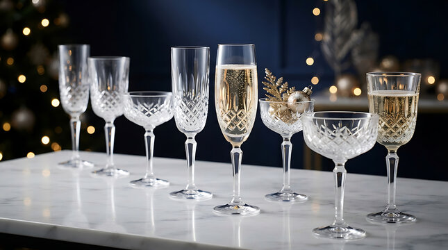 Elegant crystal champagne glasses and coupes arranged on a marble table with festive holiday lights in the background