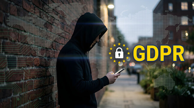 Person using smartphone near digital privacy symbols on city street
