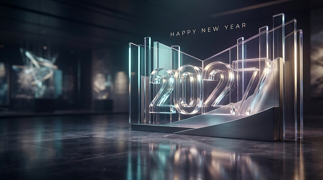 Happy new year 2027 luxury background with metallic numbers enclosed in a clear glass geometric structure (94 characters)