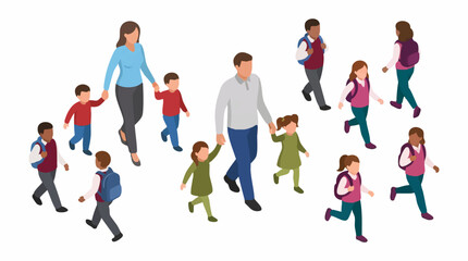 Obraz premium Isometric illustration of diverse parents and children walking together to school